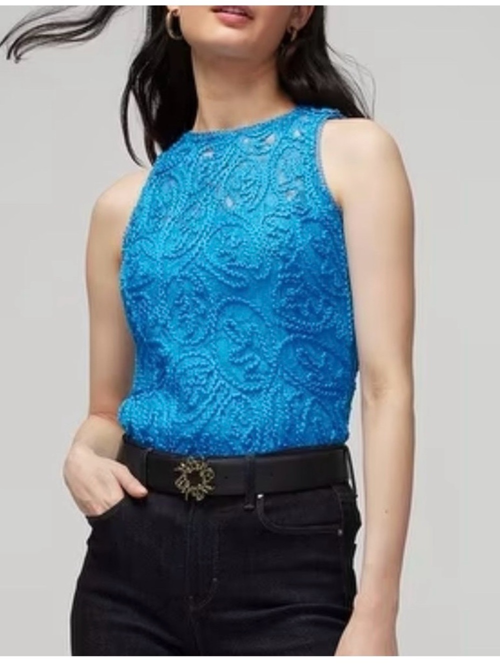 WHBM Blue Lace crew neck sleeveless Women’s Top